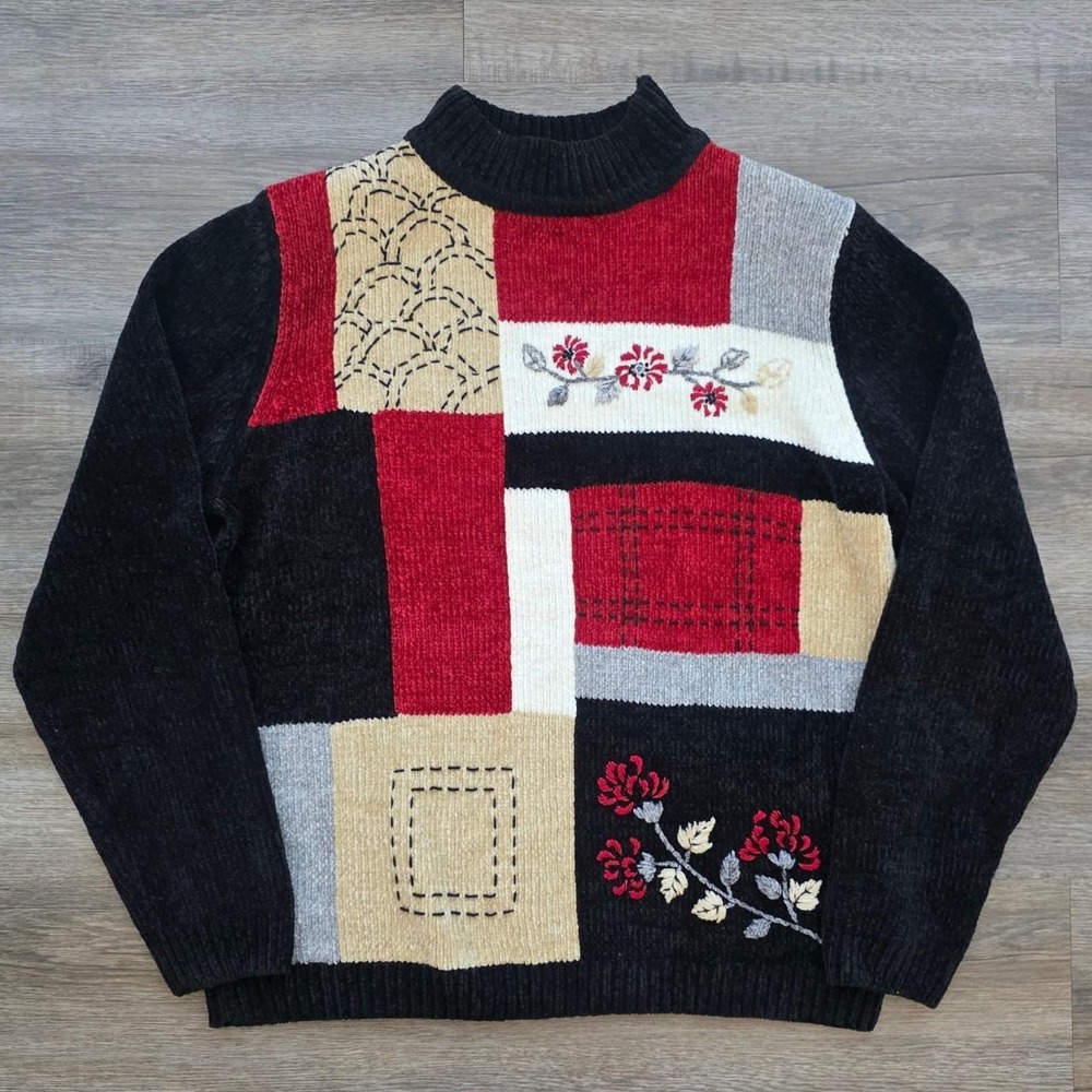 Vintage Alfred Dunner Patchwork Chenille Sweater Floral Embroidered Mock Neck L